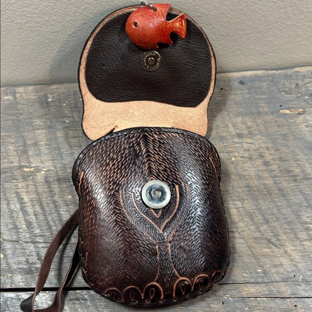 Brown Cat Face Leather Wristlet Bag